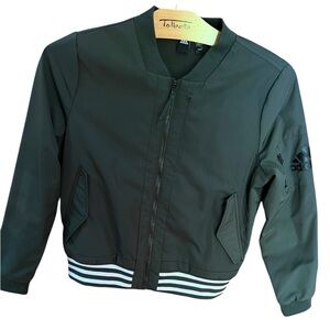 Adidas Green Bomber Jacket with Adidas on the Sleeve and 3 Stripes on the Bottom